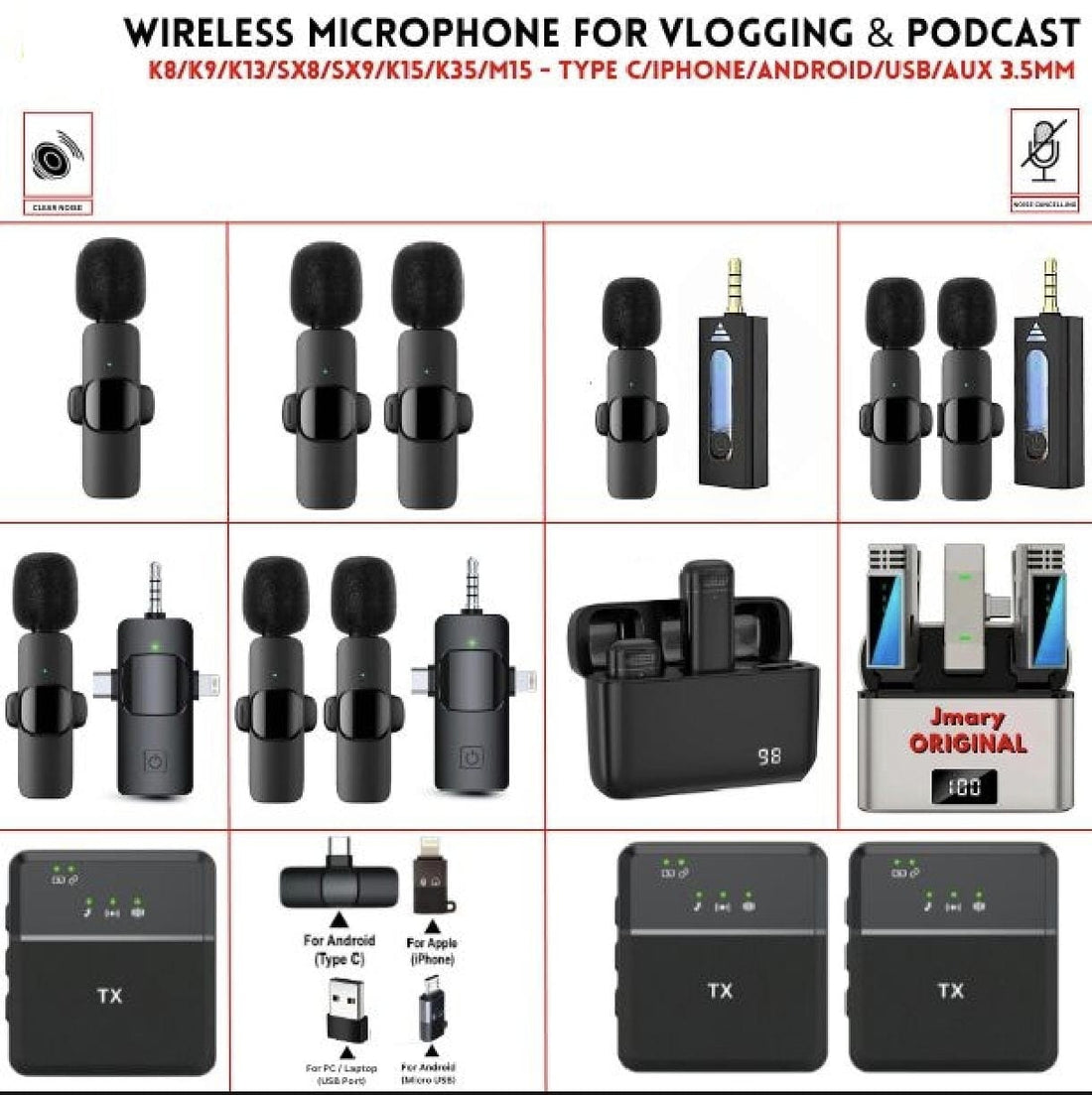 Wireless MIC Type C/IOS/Android/USB/AUX 3.5mm Mic K8/K9/K13/SX8/SX9/K15/K35/M15 Wireless Single/Double Microphone For Interview, Vlogging , Podcast
