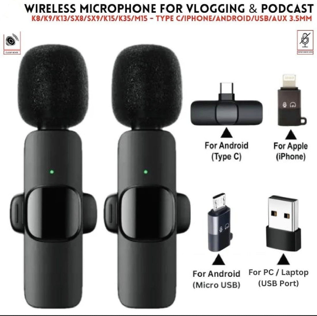 Wireless MIC Type C/IOS/Android/USB/AUX 3.5mm Mic K8/K9/K13/SX8/SX9/K15/K35/M15 Wireless Single/Double Microphone For Interview, Vlogging , Podcast